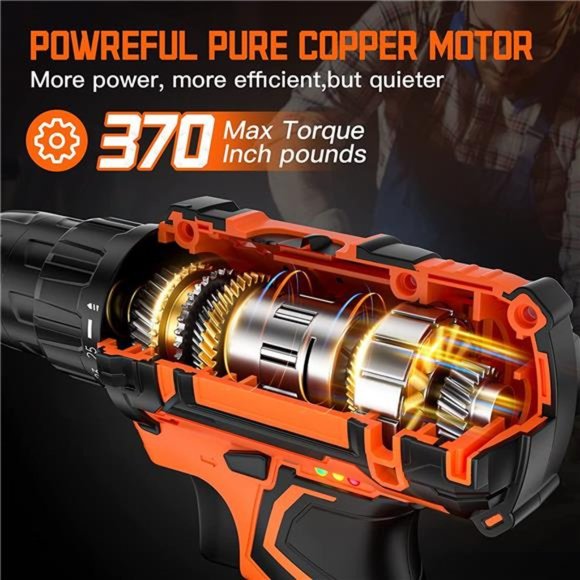 Drill Set, 20V Cordless Drill with 2 Lithium-ion Batteries 2.0AH & Fast Charger - Picture 3 of 5